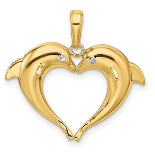 14k Yellow Gold w/Rhodium Double Dolphin Heart Pendant