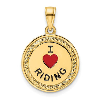 14k Yellow Gold I Heart Horses/I Heart Riding Enameled Reversible Pendant
