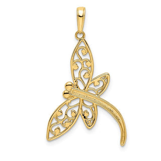 14k Yellow Gold and White Rhodium Diamond-cut Filigree Dragonfly Pendant