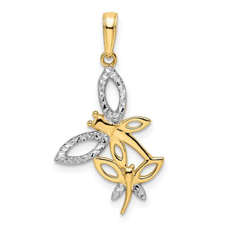 14k Yellow Gold and White Rhodium Diamond-cut Dragonflies Pendant