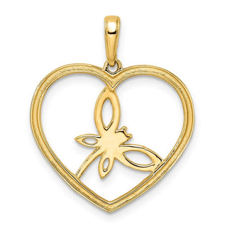 14k Yellow Gold and White Rhodium Diamond-cut Dragonfly in Heart Pendant