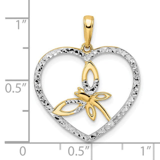 14k Yellow Gold and White Rhodium Diamond-cut Dragonfly in Heart Pendant