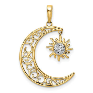 14k Yellow Gold and White Rhodium Diamond-cut Moon and Dangle Sun Pendant