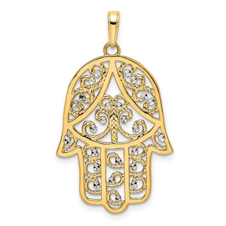14k Yellow Gold and White Rhodium Diamond-cut Filigree Hamsa Pendant