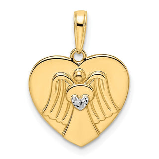 14k Yellow Gold and White Rhodium Diamond-cut Angel on Heart Pendant