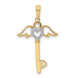 14k Yellow Gold and White Rhodium Diamond-cut Heart and Angel Wings Key Pendant