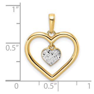 14k Yellow Gold and White Rhodium Diamond-cut Heart w/ Dangle Heart Pendant