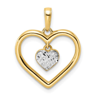 14k Yellow Gold and White Rhodium Diamond-cut Heart w/ Dangle Heart Pendant