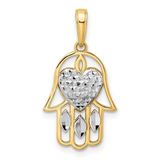 14k Yellow Gold and White Rhodium Diamond-cut Heart Hamsa Pendant