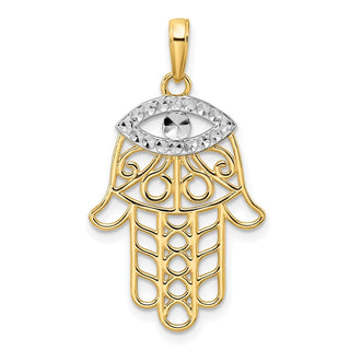 14k Yellow Gold and White Rhodium Diamond-cut Evil Eye Hamsa Pendant 2942