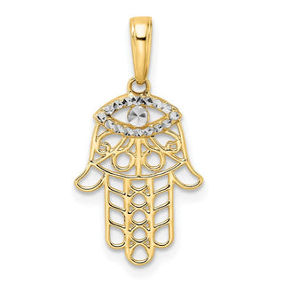 14k Yellow Gold and White Rhodium Diamond-cut Evil Eye Hamsa Pendant