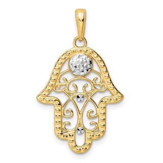 14k Yellow Gold and White Rhodium Diamond-cut Evil Eye Filigree Hamsa Pendant