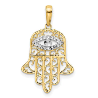14k Yellow Gold and White Rhodium Diamond-cut Filigree Evil Eye Hamsa Pendant