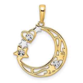 14k Yellow Gold and White Rhodium Diamond-cut Heart, Star and Moon Pendant