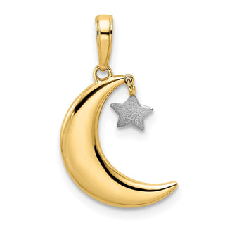 14k Yellow Gold and White Rhodium Moon w/ Dangle Star Pendant