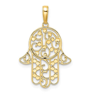14k Yellow Gold and White Rhodium Diamond-cut Fancy Hamsa Pendant
