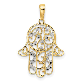14k Yellow Gold and White Rhodium Diamond-cut Fancy Hamsa Pendant