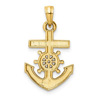 14k Yellow Gold and White Rhodium Diamond-cut Anchor and Ships Wheel Pendant