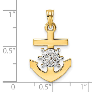 14k Yellow Gold and White Rhodium Diamond-cut Anchor and Ships Wheel Pendant