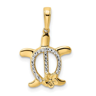 14k Yellow Gold and White Rhodium Diamond-cut Turtle w/ Flower Pendant