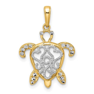 14k Yellow Gold and White Rhodium Diamond-cut Filigree Turtle Pendant