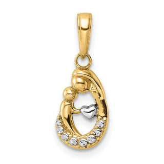 14k Yellow Gold & White Rhodium Diamond-cut Mother & Baby Teardrop Pendant