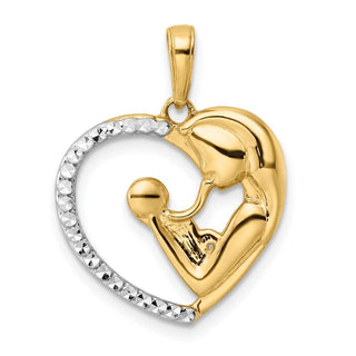 14k Yellow Gold & White Rhodium Diamond-cut Mother & Baby Heart Pendant
