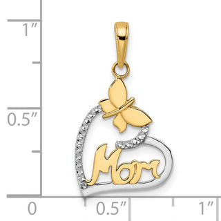 14k Yellow Gold w/White Rhodium Diamond-cut Butterfly Mom in Heart Pendant