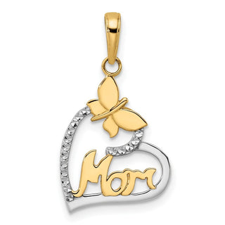 14k Yellow Gold w/White Rhodium Diamond-cut Butterfly Mom in Heart Pendant