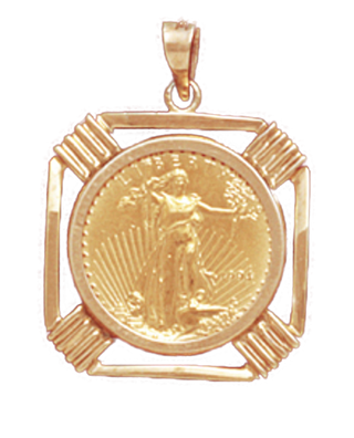 14K Yellow Gold RIBBED WIRE BEZEL  Pendant 1/10 American Eagle, 1/10 Krugerrand 16.5 mm