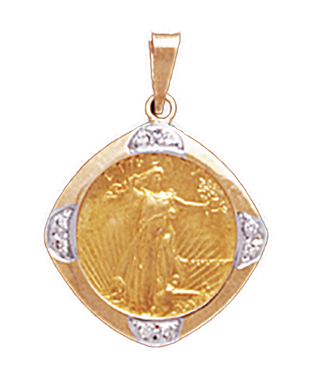 14K Yellow Gold DIAMOND CUSHION BEZEL  Pendant 1/10 American Eagle, 1/10 Krugerrand 16.5 mm