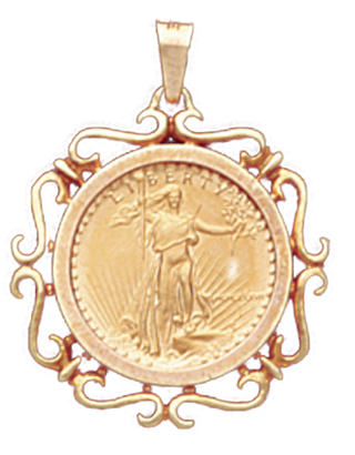 14K Yellow Gold FILIGREE  BEZEL  Pendant 1/10 American Eagle, 1/10 Krugerrand 16.5 mm