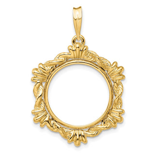 14k Yellow Gold Rope w/ Shell Motif 17.8mm Prong Coin Bezel Pendant - Fits US $2.50 Liberty and Other Coins