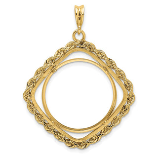 14k Yellow Gold Cushion Shape Rope 21.6mm Prong Coin Bezel Pendant - Fits US $5 Bald Eagle and US $5 Congressional