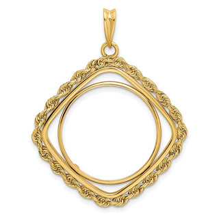 14k Yellow Gold Cushion Shape Rope 21.6mm Prong Coin Bezel Pendant - Fits US $5 Bald Eagle and US $5 Congressional