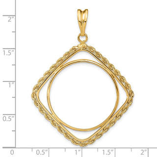 14k Yellow Gold Cushion Shape Rope 27mm Prong Coin Bezel Pendant - Fits 1/2 oz American Eagle, US $10 Liberty, and Other Coins