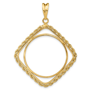 14k Yellow Gold Cushion Shape Rope 27mm Prong Coin Bezel Pendant - Fits 1/2 oz American Eagle, US $10 Liberty, and Other Coins