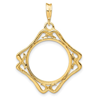 14k Yellow Gold Cushion Shape Scroll 17.8mm Prong Coin Bezel Pendant - Fits US $2.50 Liberty and Other Coins