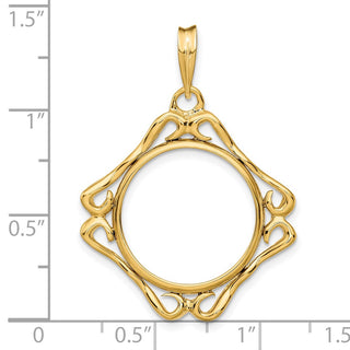 14k Yellow Gold Cushion Shape Scroll 17.8mm Prong Coin Bezel Pendant - Fits US $2.50 Liberty and Other Coins