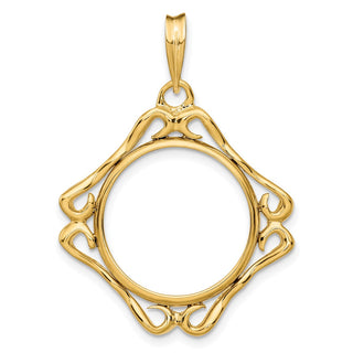 14k Yellow Gold Cushion Shape Scroll 17.8mm Prong Coin Bezel Pendant - Fits US $2.50 Liberty and Other Coins