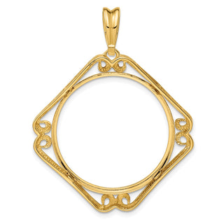 14k Yellow Gold Cushion Shape Scroll 27mm Prong Coin Bezel Pendant - Fits 1/2 oz American Eagle, US $10 Liberty, and Other Coins