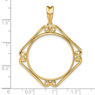 14k Yellow Gold Cushion Shape Scroll 27mm Prong Coin Bezel Pendant - Fits 1/2 oz American Eagle, US $10 Liberty, and Other Coins