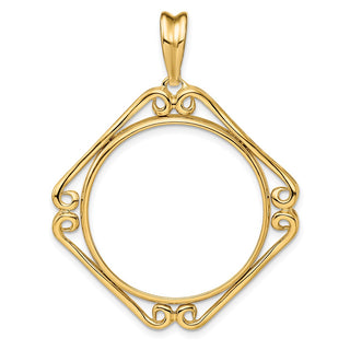 14k Yellow Gold Cushion Shape Scroll 27mm Prong Coin Bezel Pendant - Fits 1/2 oz American Eagle, US $10 Liberty, and Other Coins