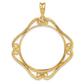 14k Yellow Gold Cushion Shape Scroll 30mm Prong Coin Bezel Pendant - Fits 1 oz Maple Leaf and 1/2 oz Cat