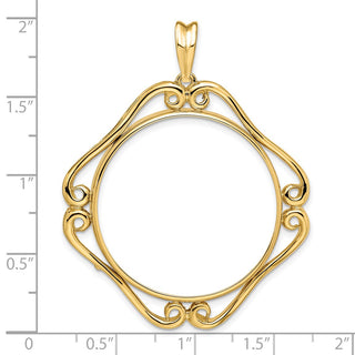 14k Yellow Gold Cushion Shape Scroll 30mm Prong Coin Bezel Pendant - Fits 1 oz Maple Leaf and 1/2 oz Cat