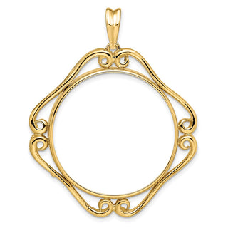 14k Yellow Gold Cushion Shape Scroll 30mm Prong Coin Bezel Pendant - Fits 1 oz Maple Leaf and 1/2 oz Cat