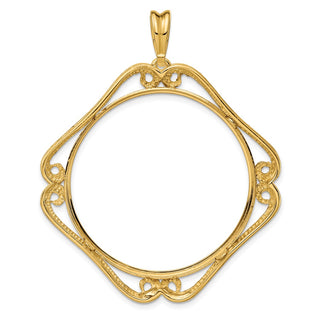 14k Yellow Gold Cushion Shape Scroll 34.2mm Prong Coin Bezel Pendant - Fits US $20 Liberty and US $20 St. Gaudens