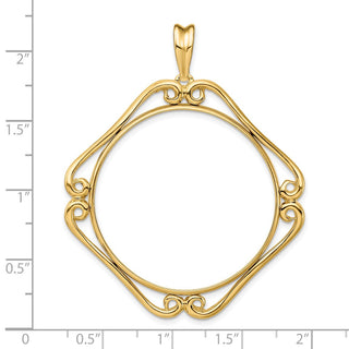 14k Yellow Gold Cushion Shape Scroll 34.2mm Prong Coin Bezel Pendant - Fits US $20 Liberty and US $20 St. Gaudens