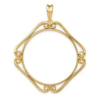 14k Yellow Gold Cushion Shape Scroll 34.2mm Prong Coin Bezel Pendant - Fits US $20 Liberty and US $20 St. Gaudens