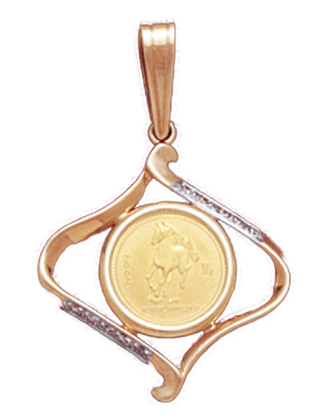 14K Gold DIAMOND SWIRL Bezel Pendant 14 mm